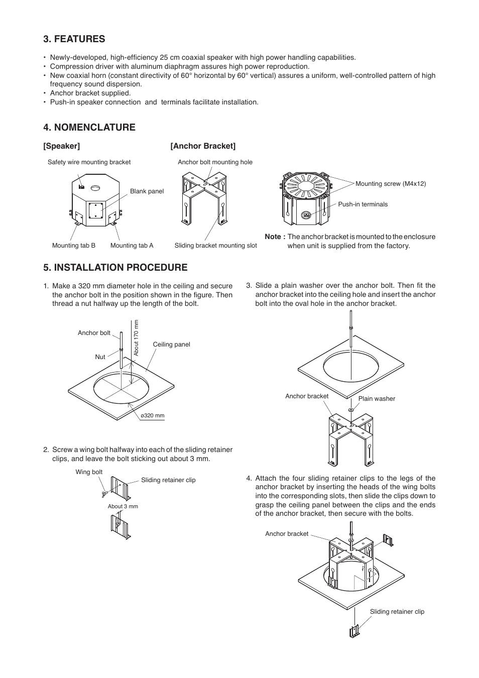 Features, Nomenclature, Installation procedure | Toa ES-C0651 User Manual | Page 2 / 4