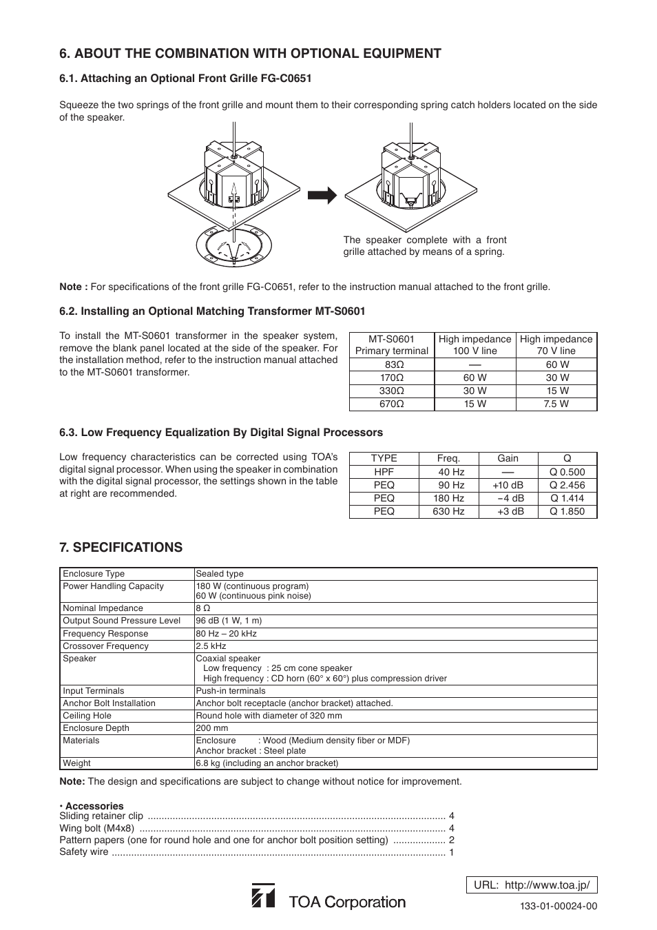 About the combination with optional equipment, Specifications | Toa ES-C0651 User Manual | Page 4 / 4