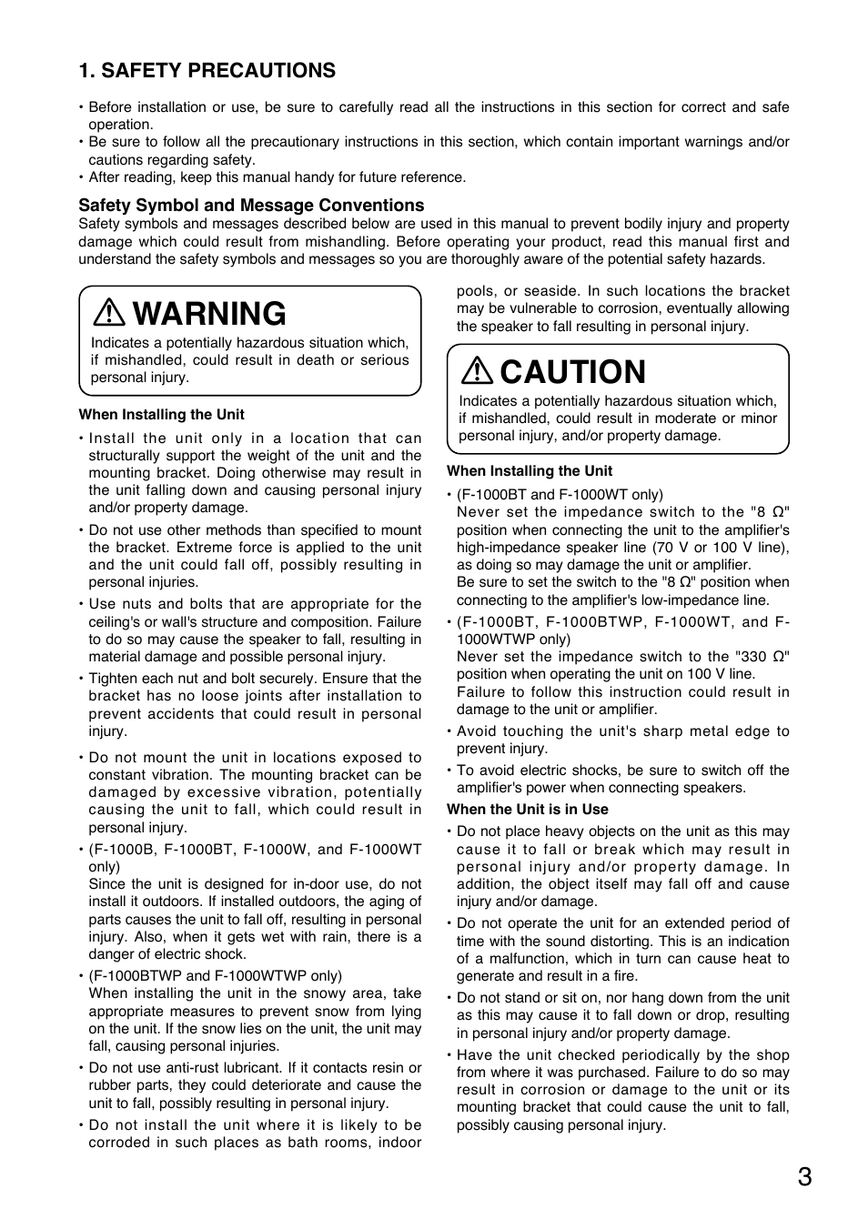Warning, Caution, Safety precautions | Toa F-1000WTWP User Manual | Page 3 / 18