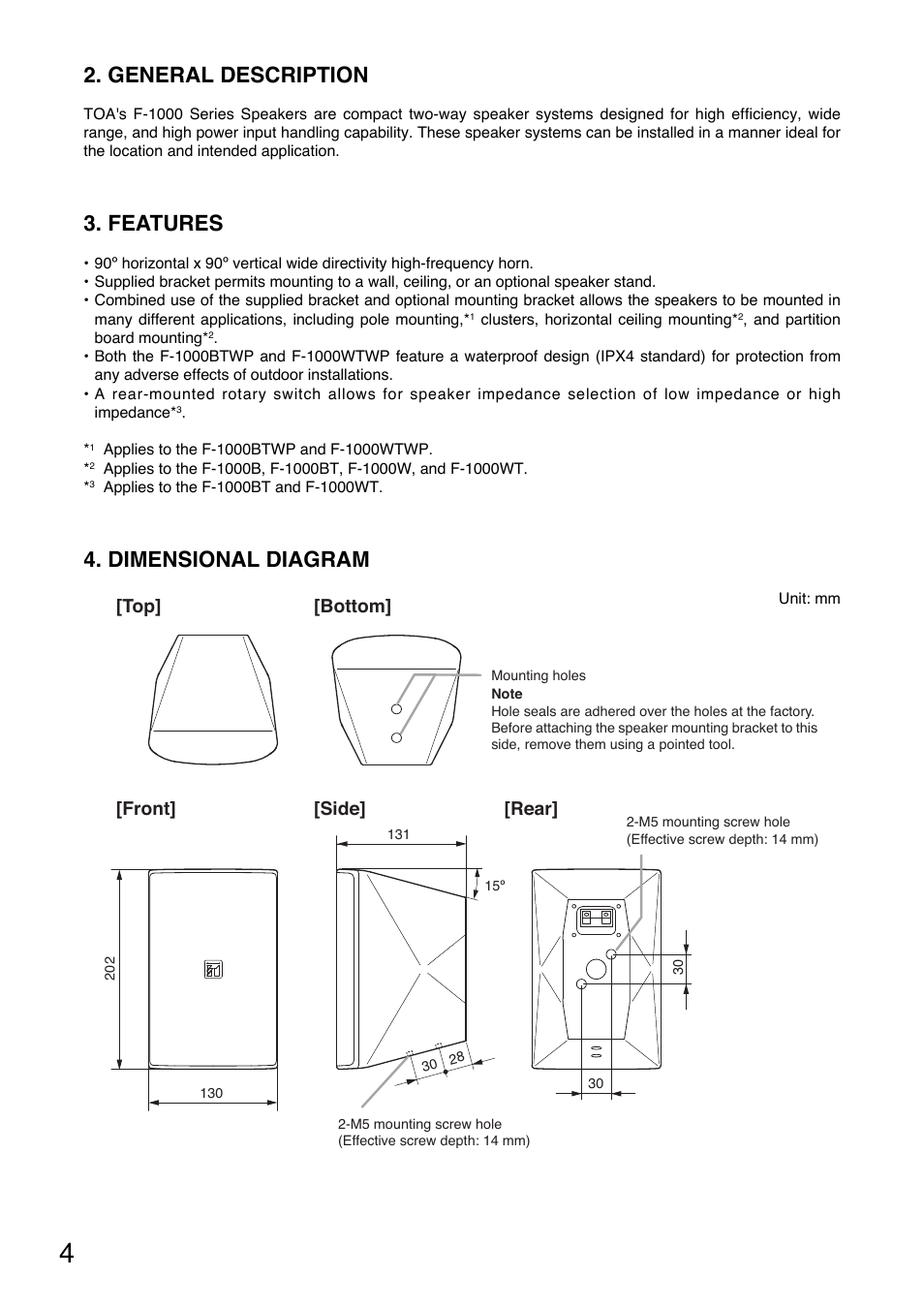 General description, Features, Dimensional diagram | Front] [top] [side] [rear, Bottom | Toa F-1000WTWP User Manual | Page 4 / 18