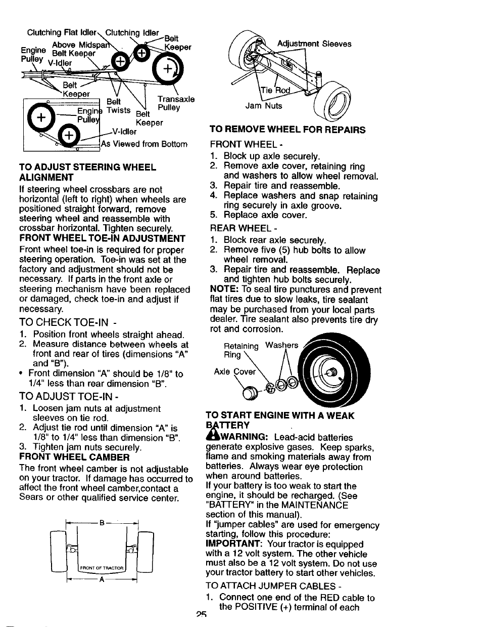 To adjust steering wheel alignment, Front wheel camber, To start engine with a weak ^ttery | Craftsman 917.275013 User Manual | Page 25 / 60