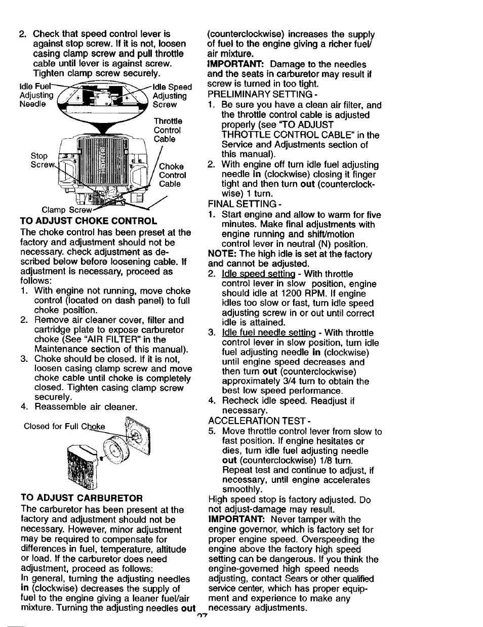 To adjust choke control, To adjust carburetor | Craftsman 917.275013 User Manual | Page 27 / 60