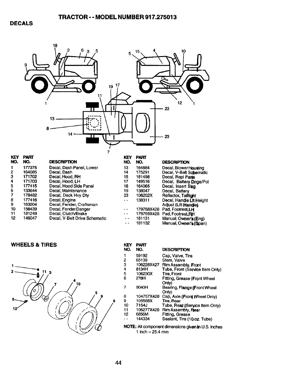 Decals, Wheels & tires | Craftsman 917.275013 User Manual | Page 44 / 60