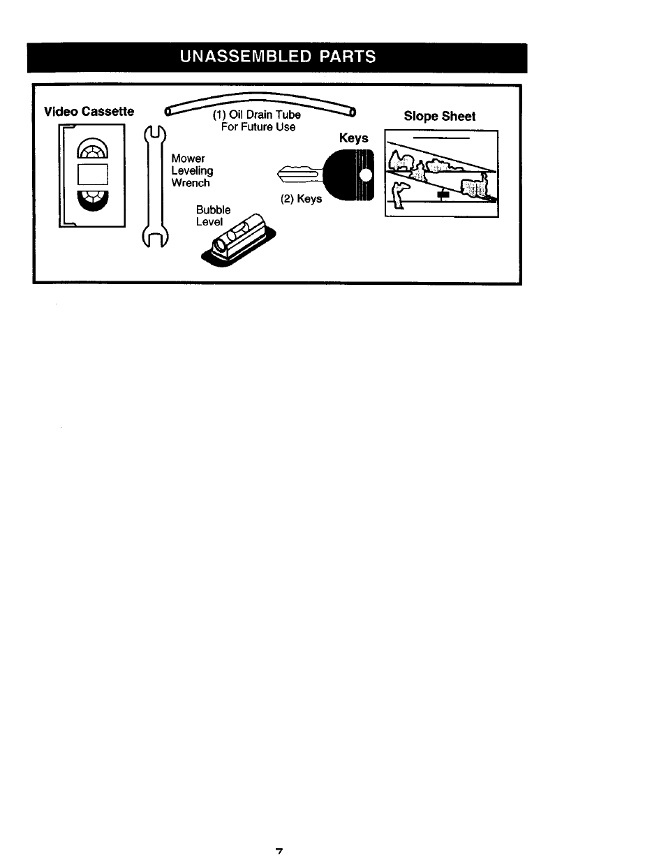 Unassembled parts, Video cassette, Slope sheet | Craftsman 917.275013 User Manual | Page 7 / 60