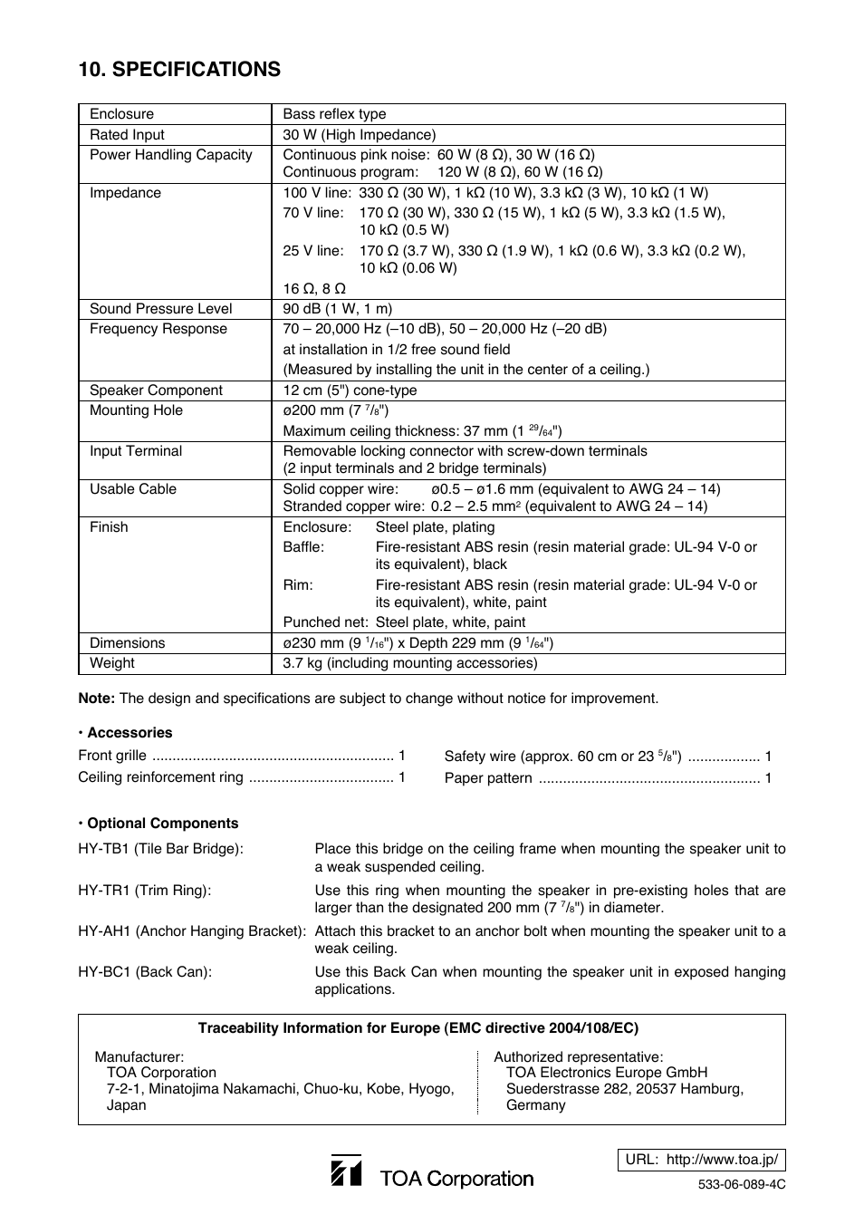 Specifications | Toa F-122C User Manual | Page 12 / 12