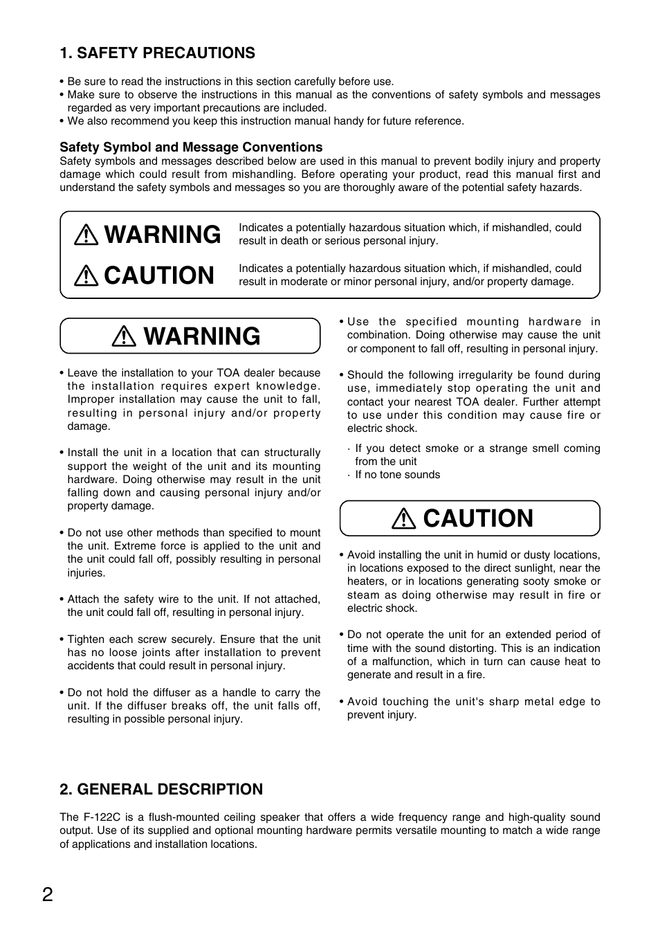 Caution, Warning, Warning caution | Toa F-122C User Manual | Page 2 / 12