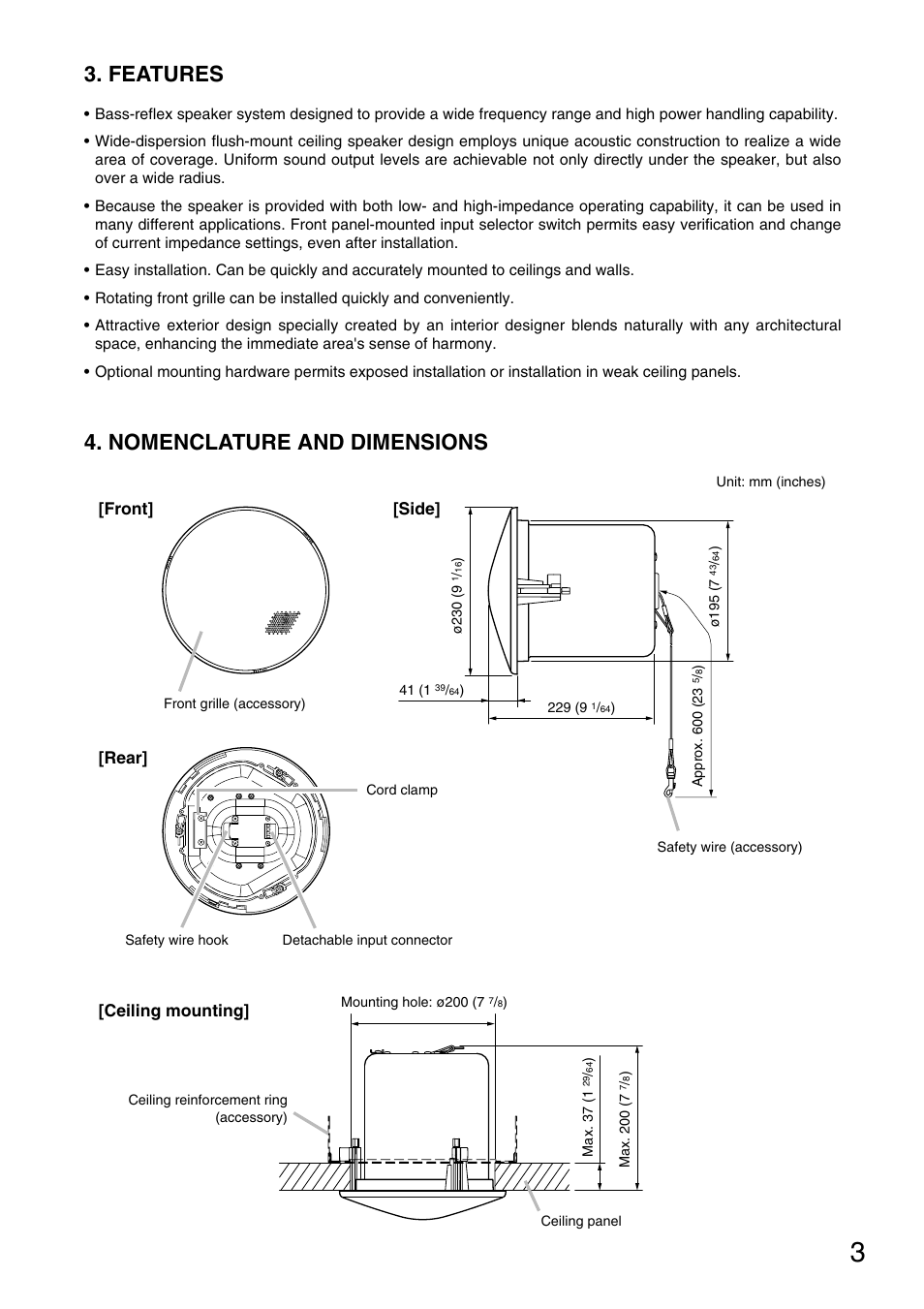 Nomenclature and dimensions, Features | Toa F-122C User Manual | Page 3 / 12