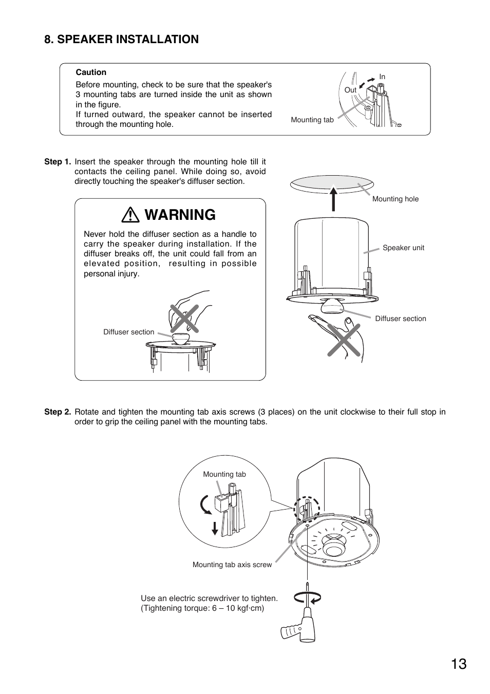 Warning, Speaker installation | Toa F-122CU User Manual | Page 13 / 20