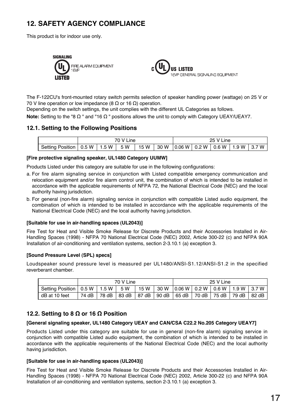 Safety agency compliance | Toa F-122CU User Manual | Page 17 / 20