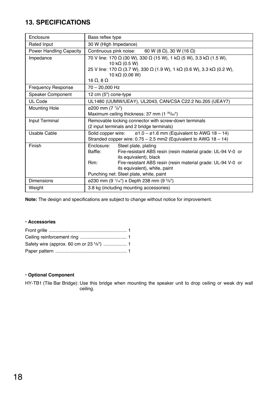 Specifications | Toa F-122CU User Manual | Page 18 / 20