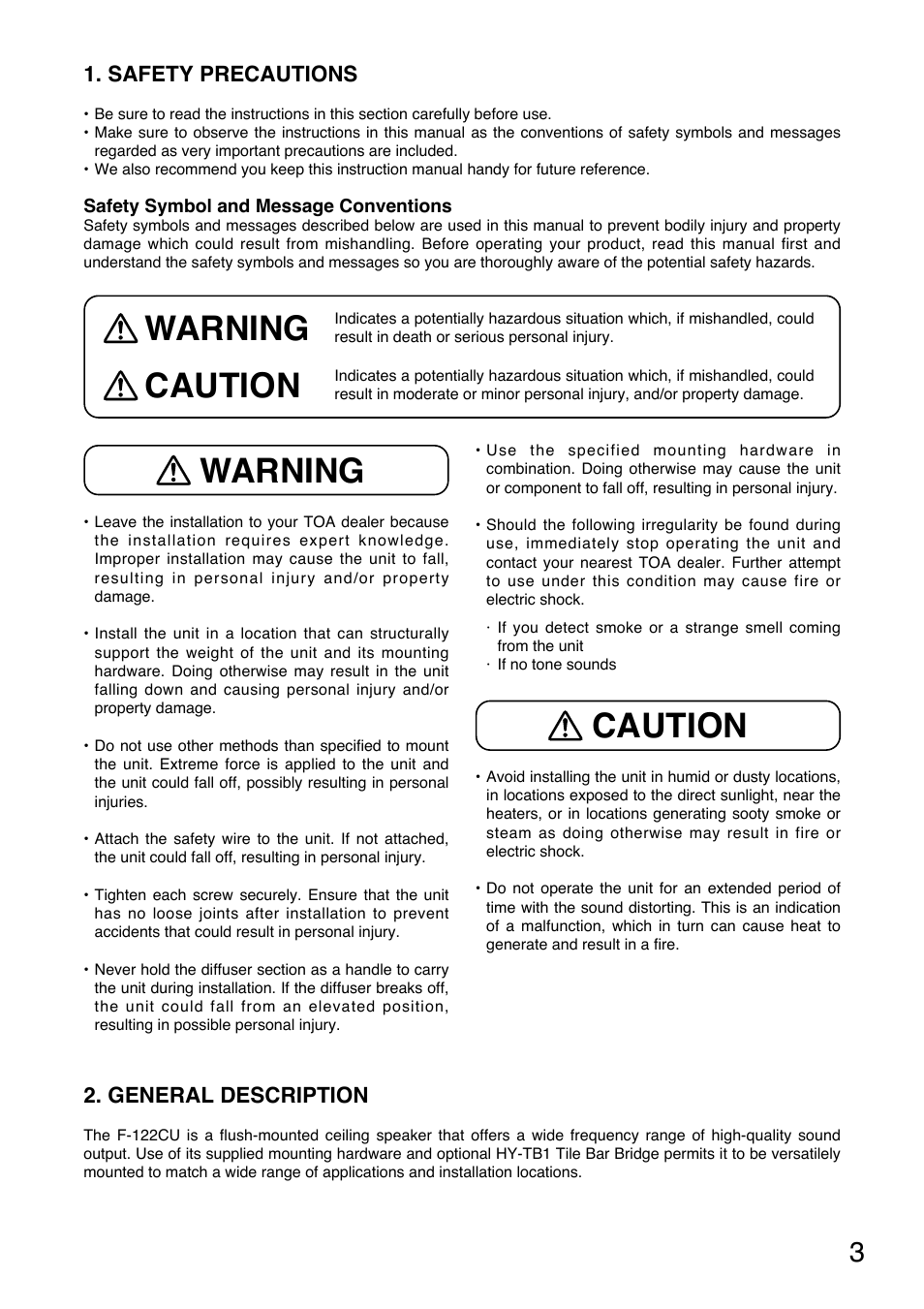 Caution, Warning, Warning caution | Toa F-122CU User Manual | Page 3 / 20