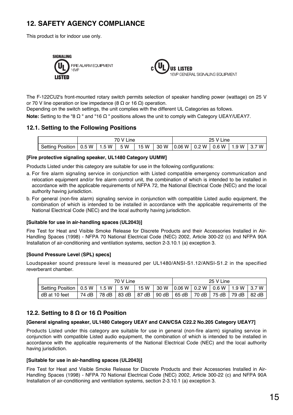 Safety agency compliance | Toa F-122CU2 User Manual | Page 15 / 16