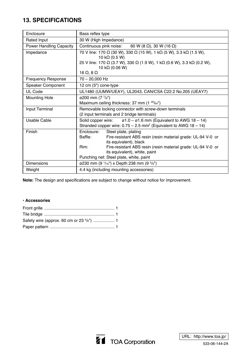 Specifications | Toa F-122CU2 User Manual | Page 16 / 16