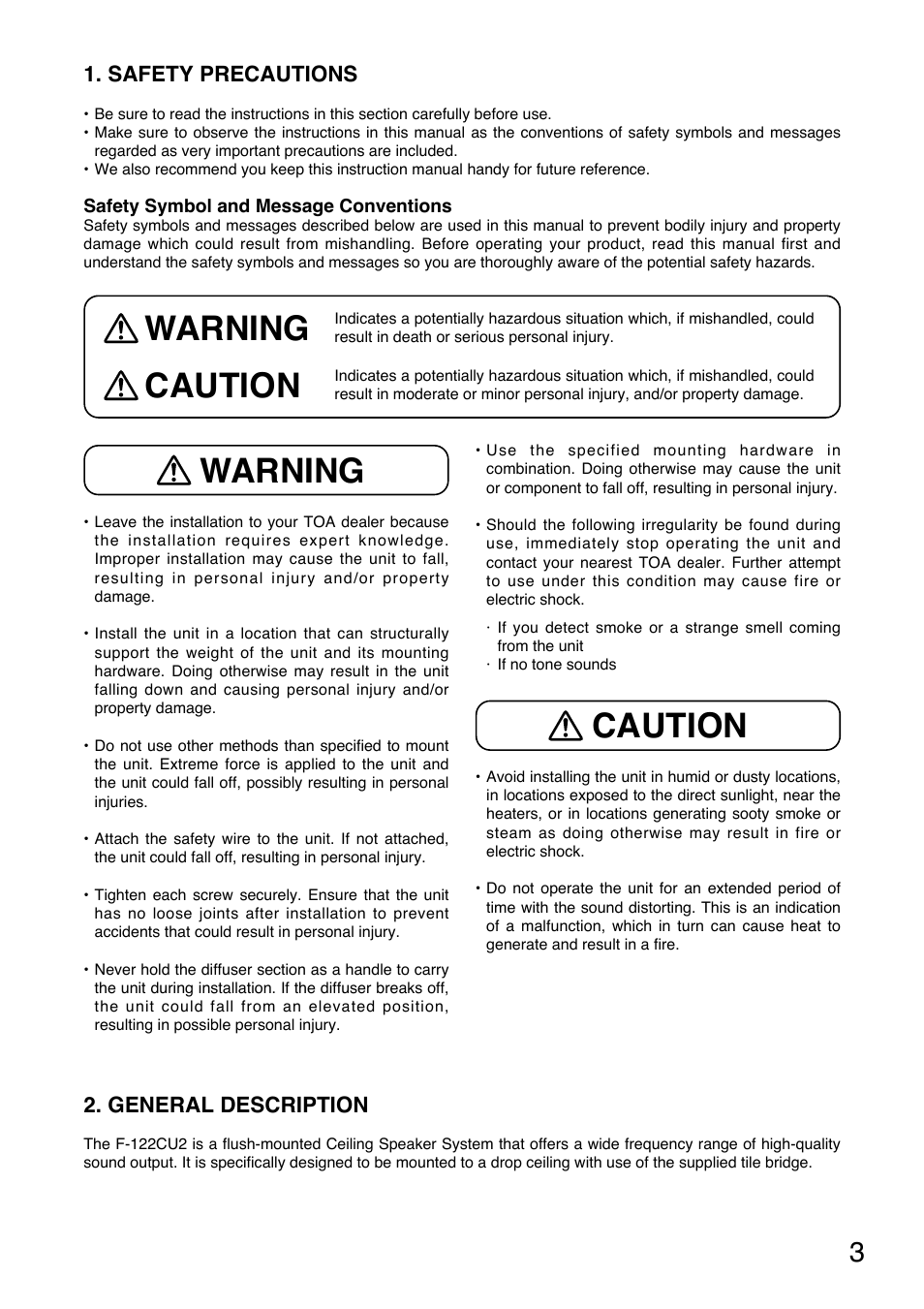 Caution, Warning, Warning caution | Toa F-122CU2 User Manual | Page 3 / 16