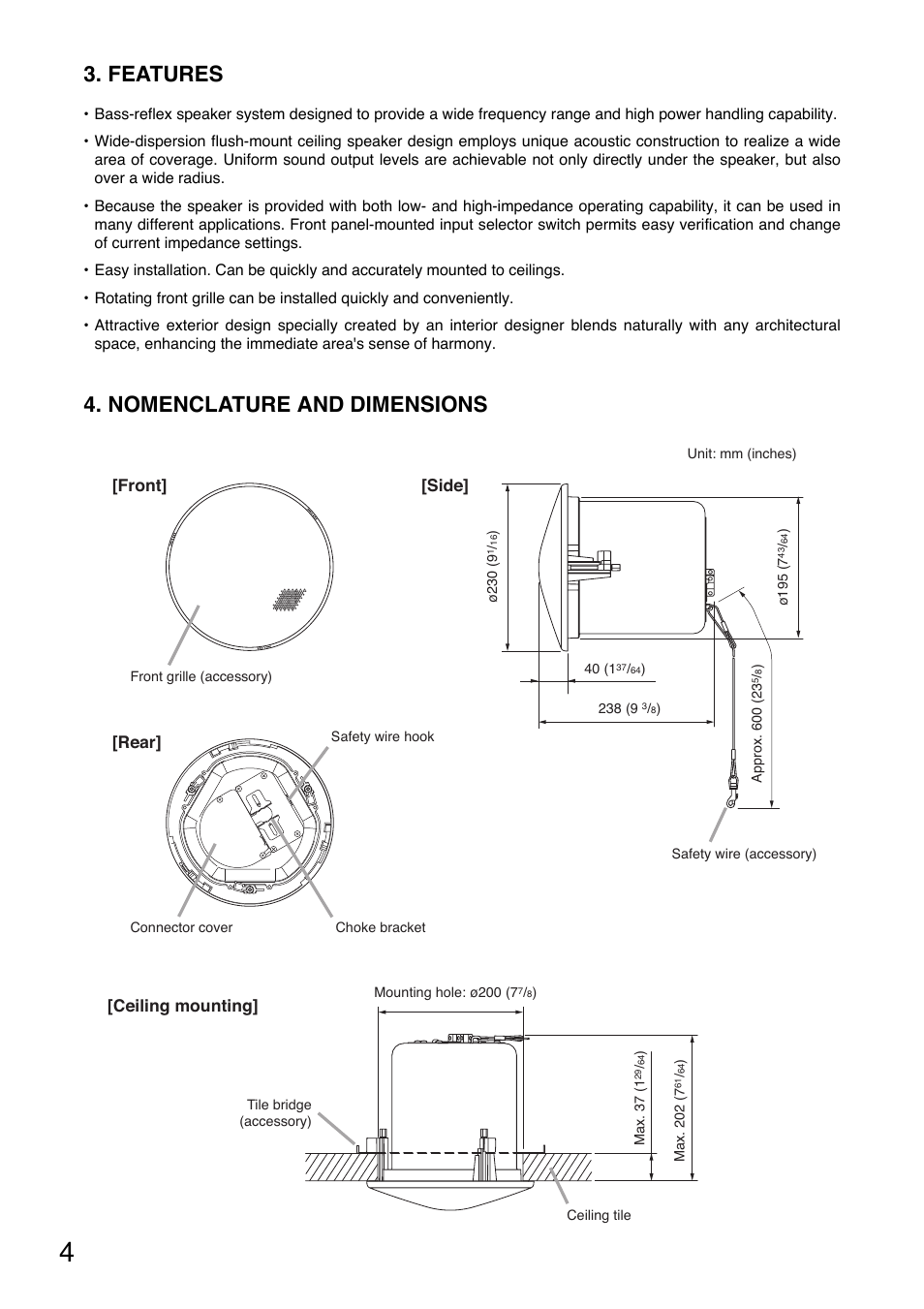 Features, Nomenclature and dimensions | Toa F-122CU2 User Manual | Page 4 / 16