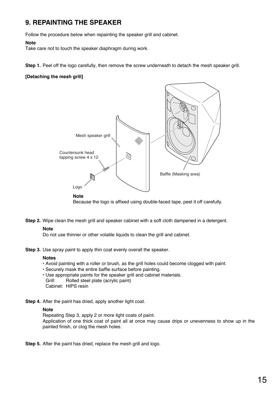 Repainting the speaker | Toa F-1300WTWP User Manual | Page 15 / 18
