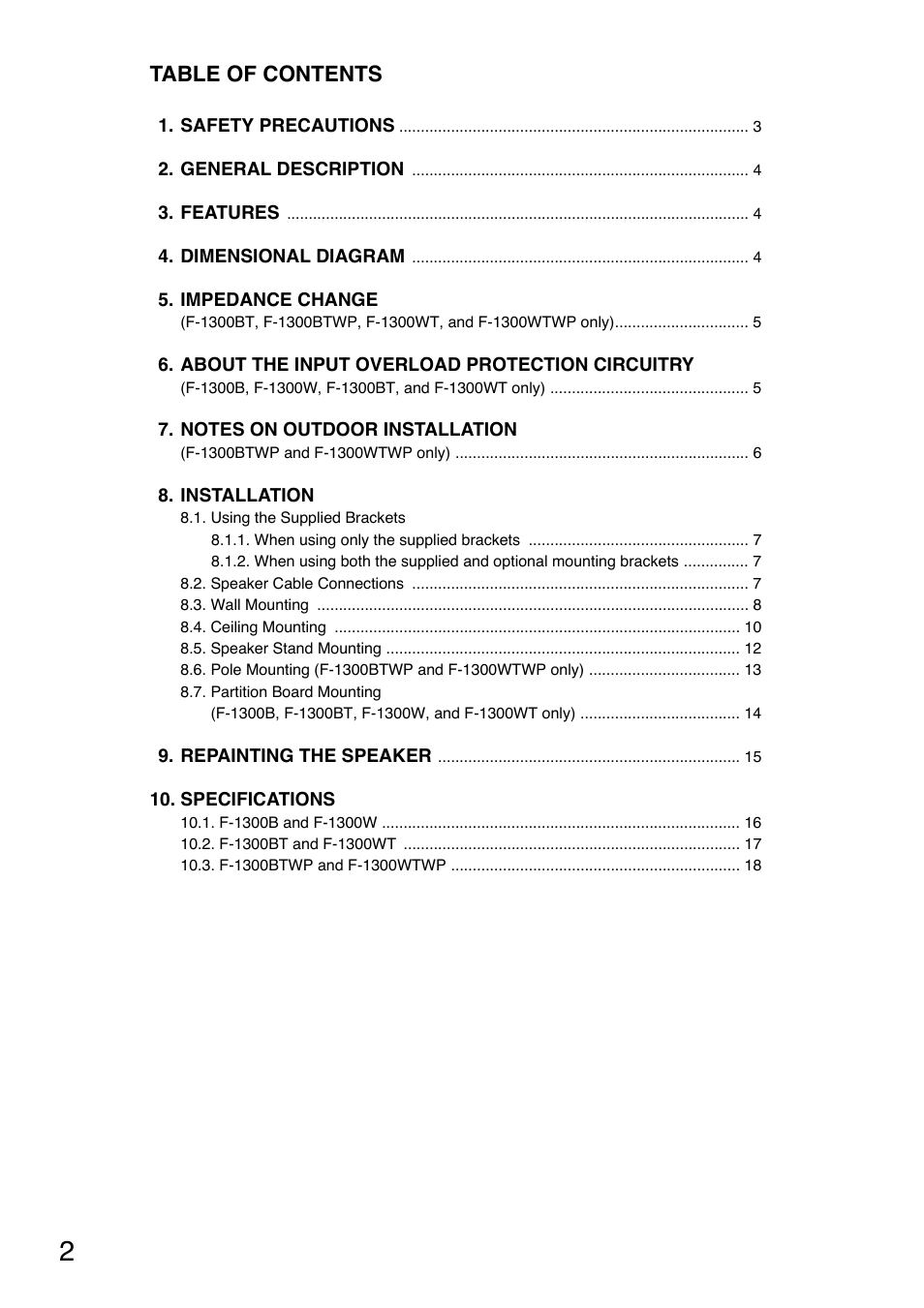 Toa F-1300WTWP User Manual | Page 2 / 18