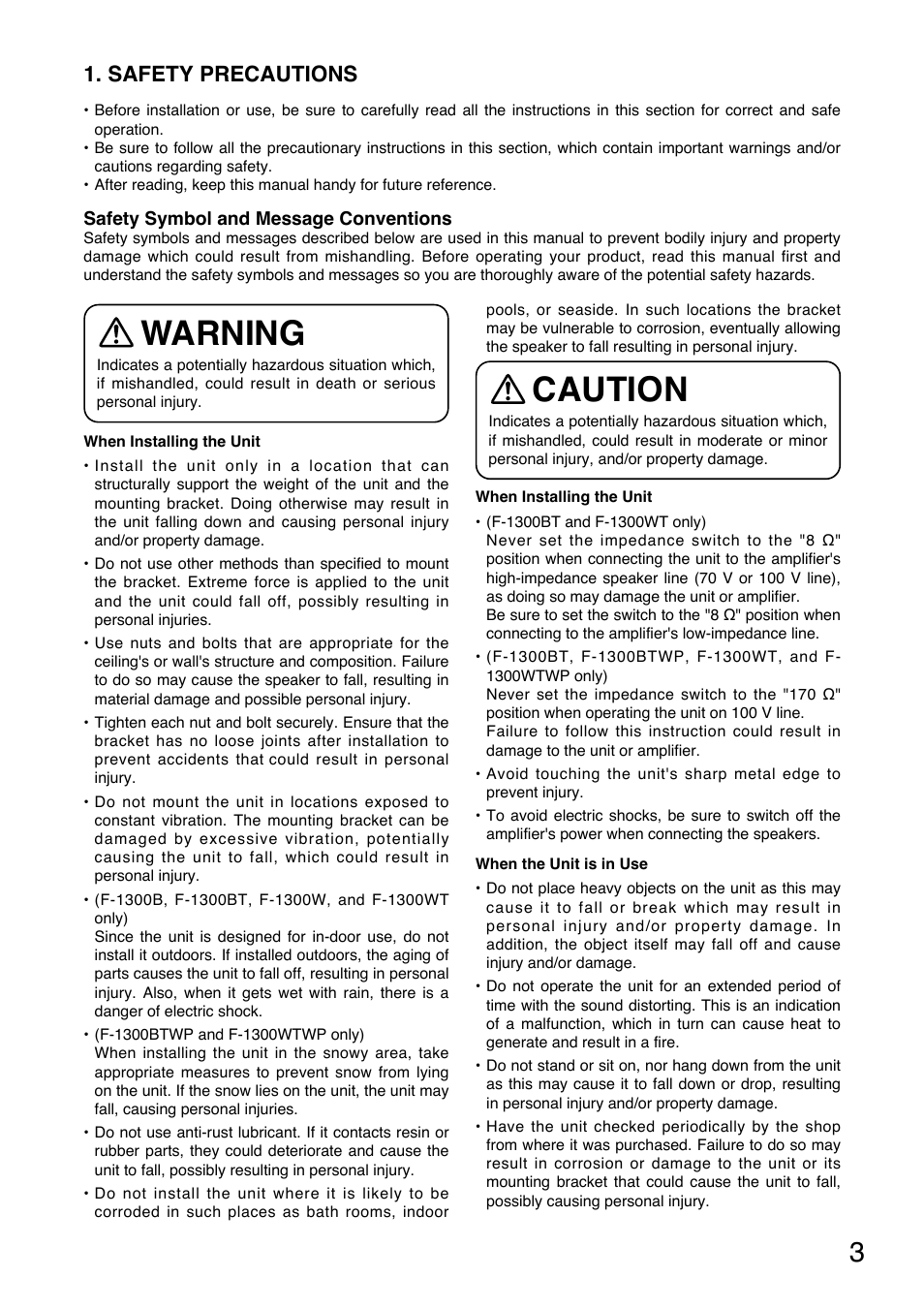 Warning, Caution, Safety precautions | Toa F-1300WTWP User Manual | Page 3 / 18