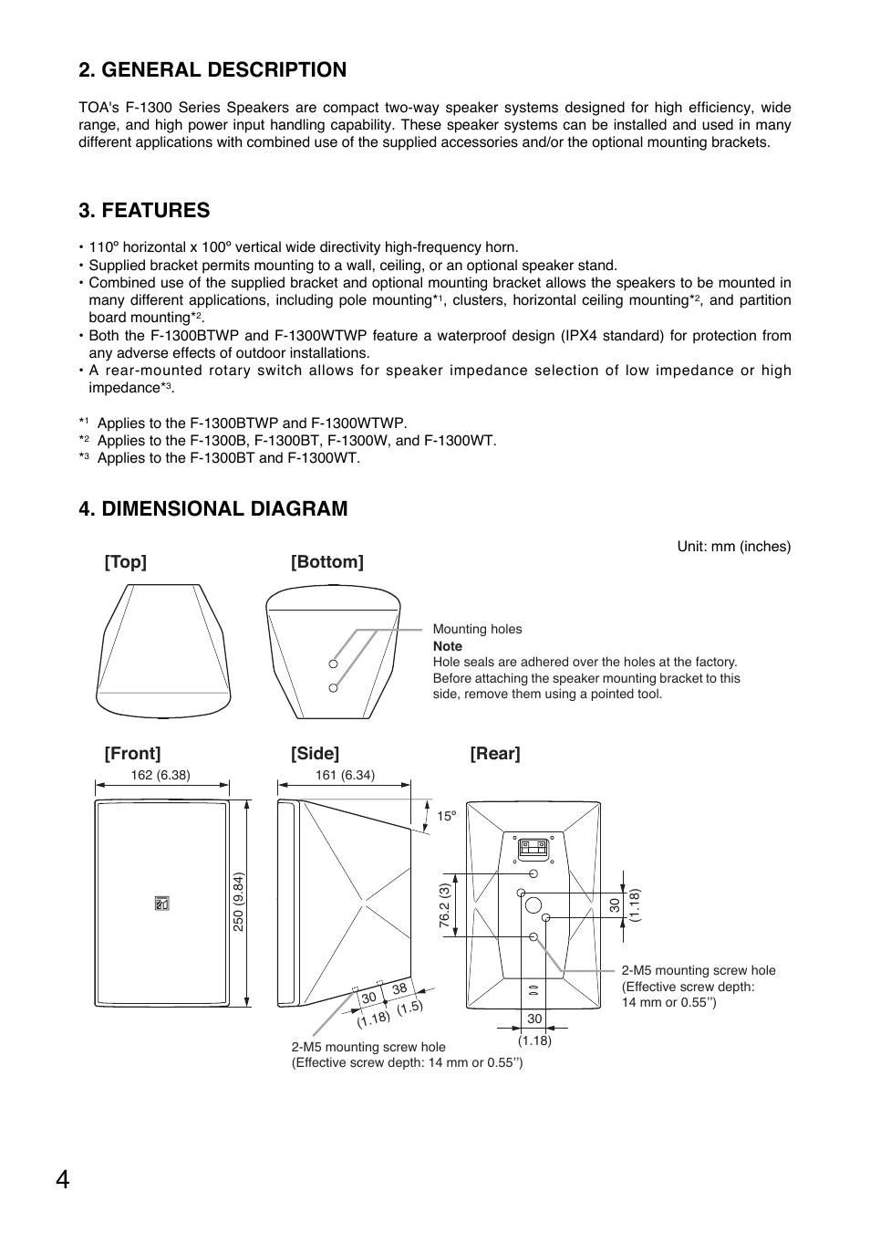 General description, Features, Dimensional diagram | Front] [top] [side] [rear, Bottom | Toa F-1300WTWP User Manual | Page 4 / 18