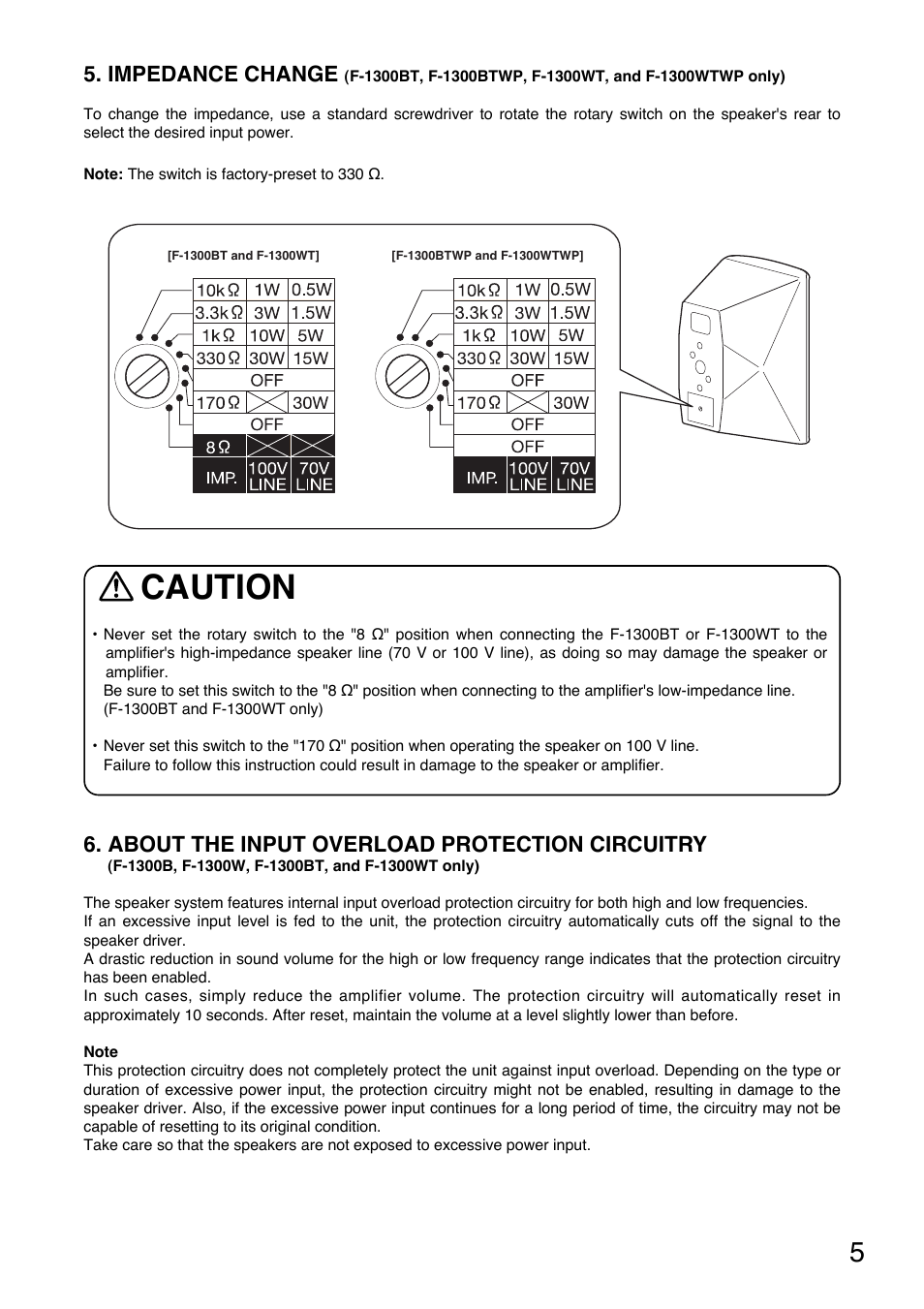 Caution, Impedance change, About the input overload protection circuitry | Toa F-1300WTWP User Manual | Page 5 / 18
