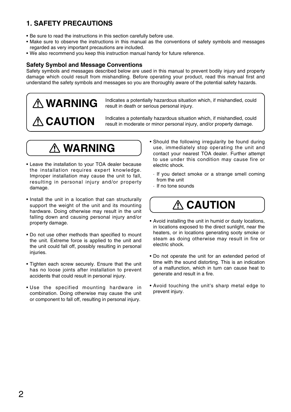 Caution, Warning, Warning caution | Toa F-1522SC User Manual | Page 2 / 8