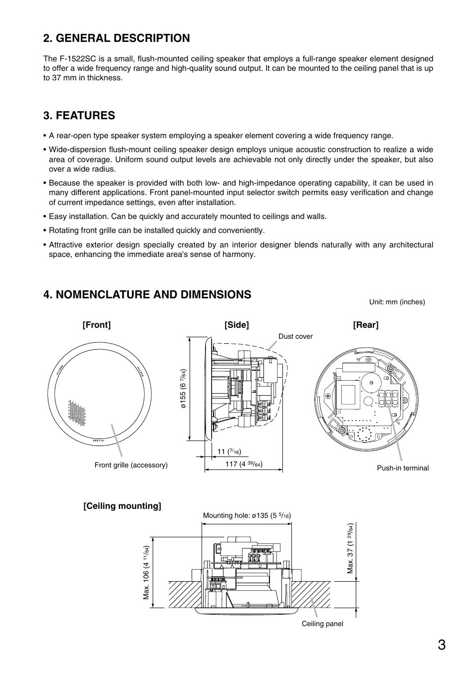 Nomenclature and dimensions, General description, Features | Toa F-1522SC User Manual | Page 3 / 8