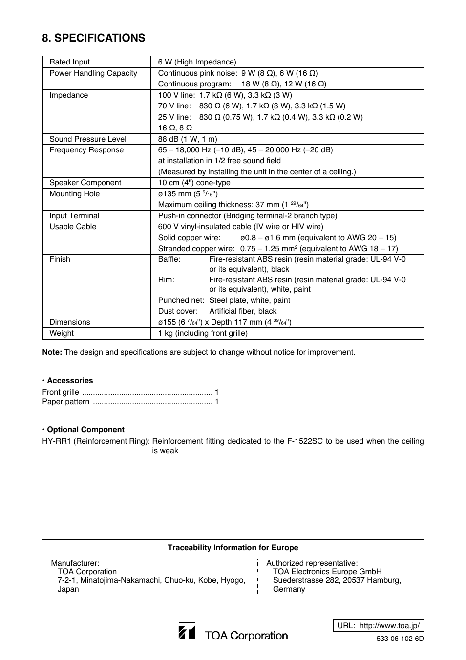 Specifications | Toa F-1522SC User Manual | Page 8 / 8