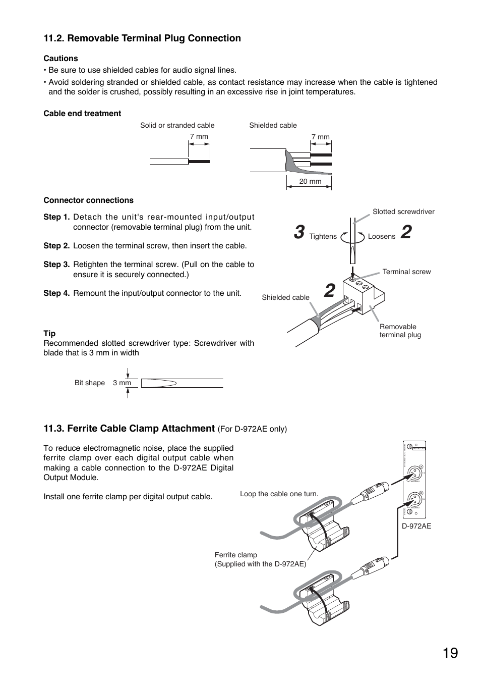 Removable terminal plug connection, Ferrite cable clamp attachment | Toa DP-K1 User Manual | Page 19 / 28