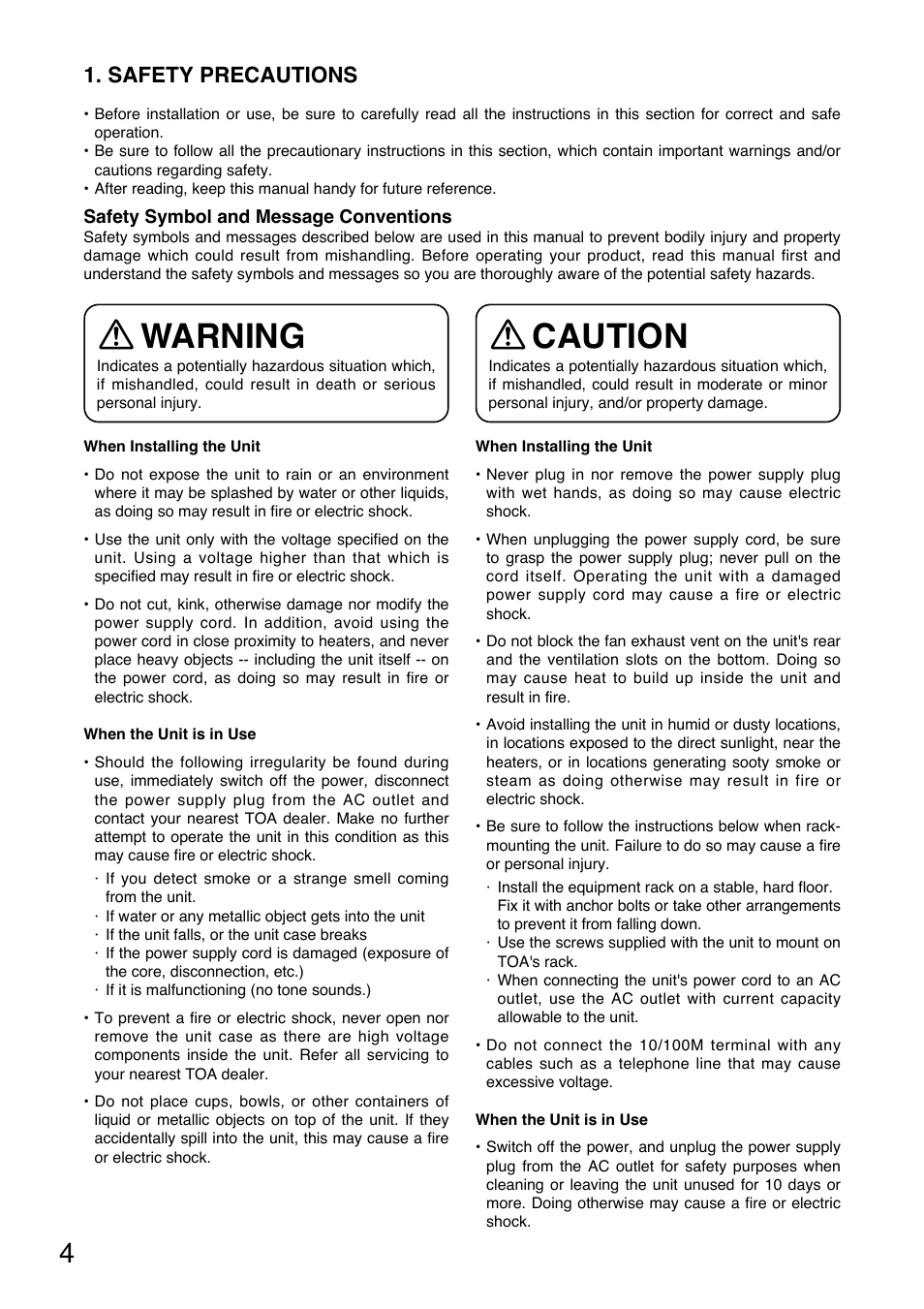 Warning, Caution, Safety precautions | Toa DP-K1 User Manual | Page 4 / 28