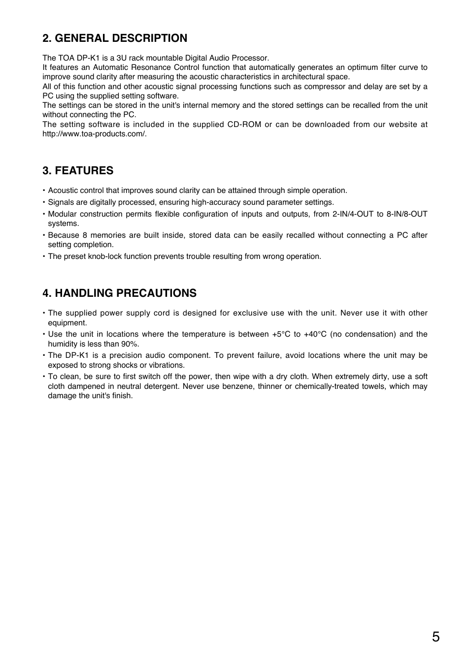 General description, Features, Handling precautions | Toa DP-K1 User Manual | Page 5 / 28