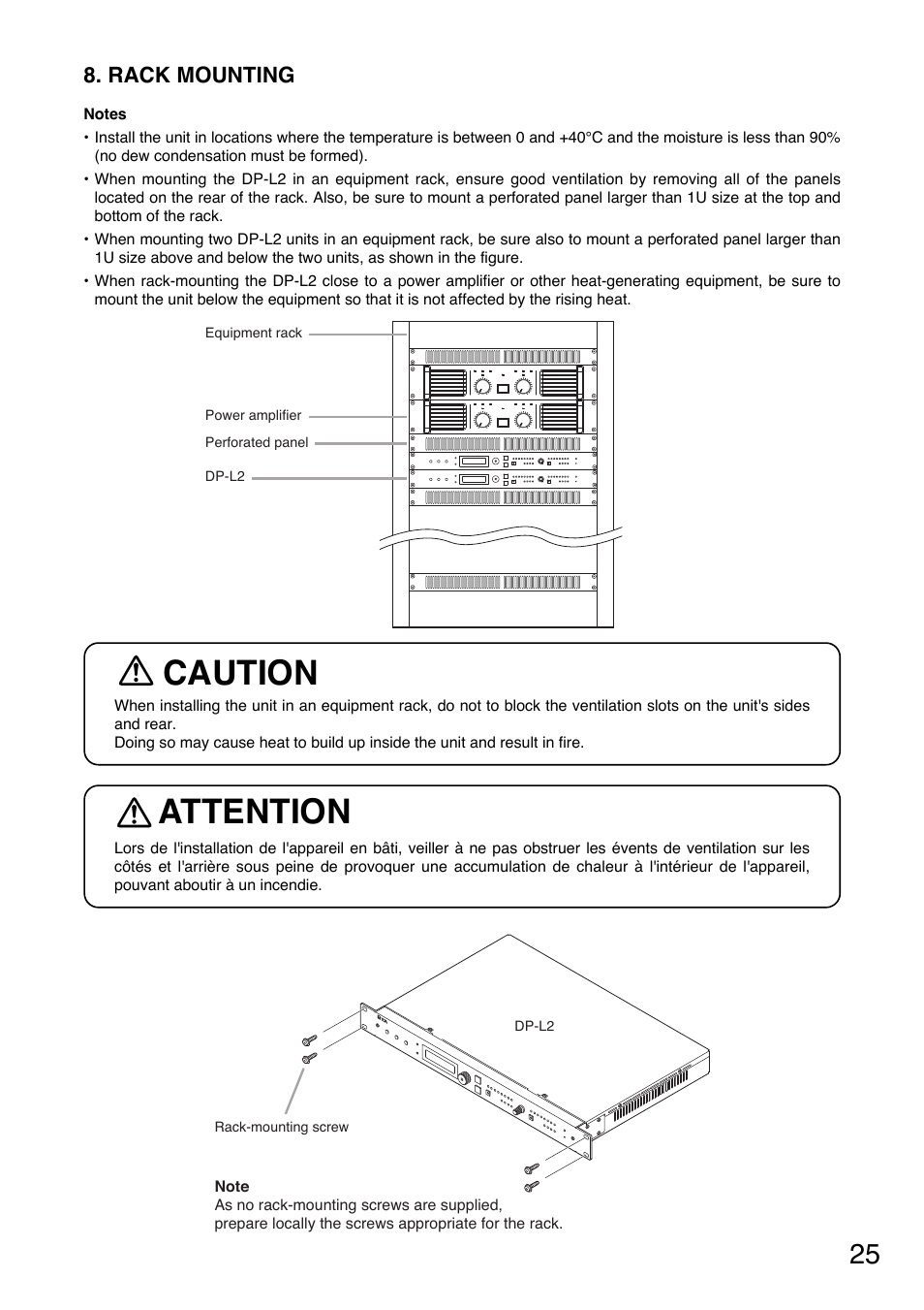 Caution, Attention, Rack mounting | Toa DP-L2 v.2.00 User Manual | Page 25 / 28