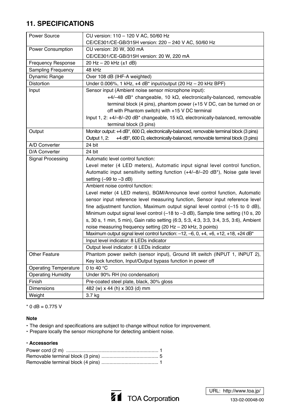 Specifications | Toa DP-L2 v.2.00 User Manual | Page 28 / 28