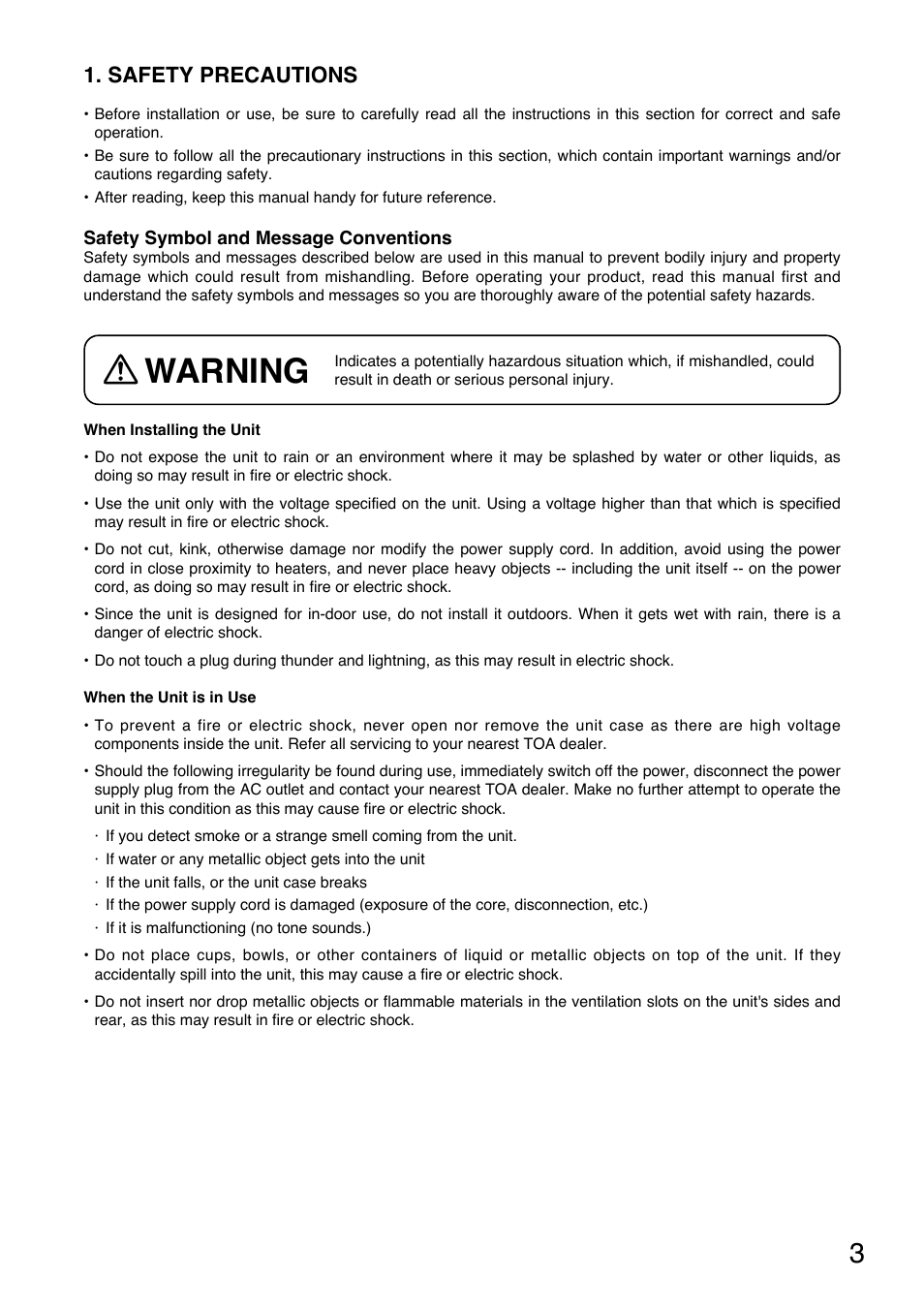 Warning, Safety precautions | Toa DP-L2 v.2.00 User Manual | Page 3 / 28