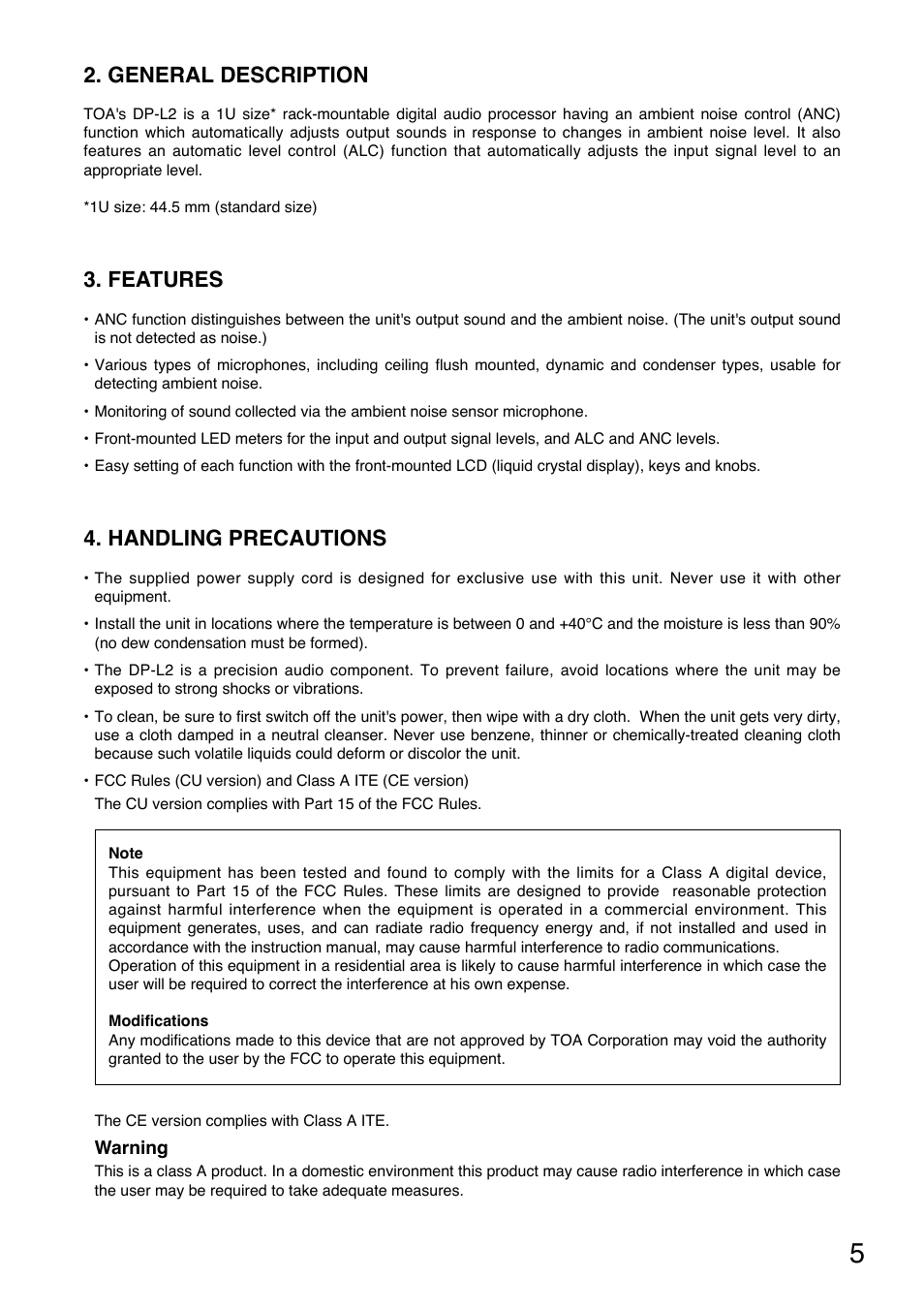 General description, Features, Handling precautions | Toa DP-L2 v.2.00 User Manual | Page 5 / 28