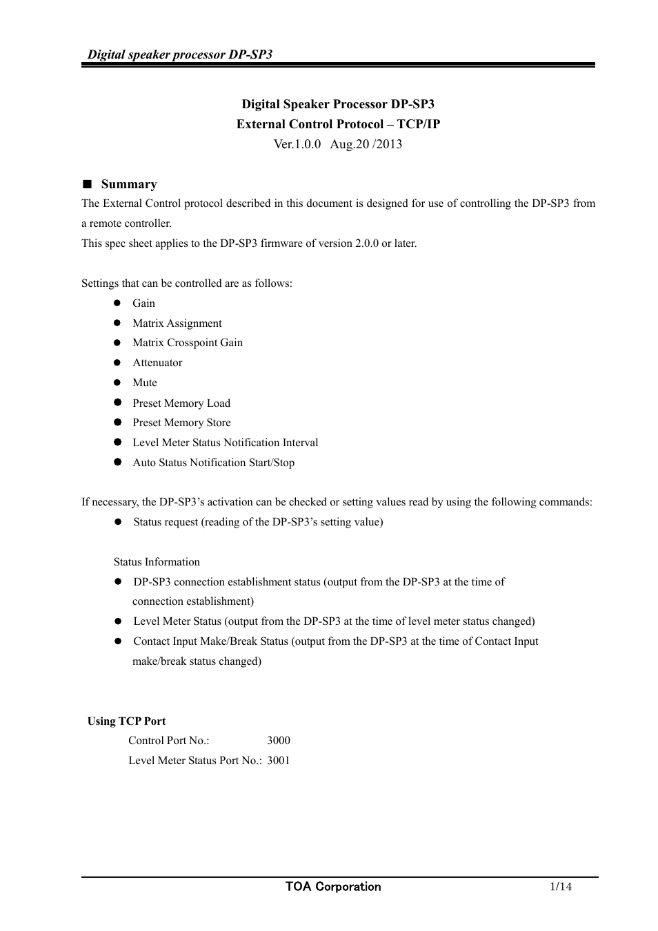 Toa DP-SP3 Protocol User Manual | 14 pages