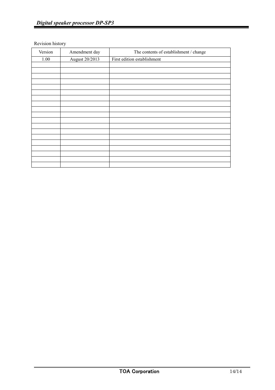 Digital speaker processor dp-sp3, Toa corporation | Toa DP-SP3 Protocol User Manual | Page 14 / 14