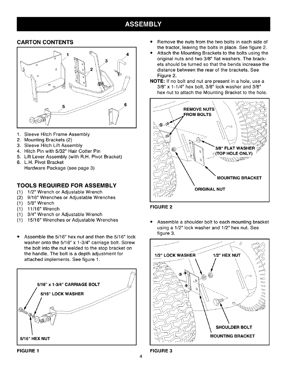 Assembly, Carton contents, Tools required for assembly | Craftsman 486.24535 User Manual | Page 4 / 8