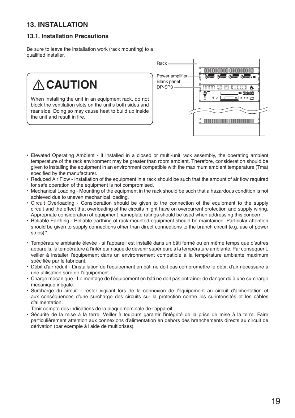 Installation, Installation precautions, Caution | Toa DP-SP3 User Manual | Page 19 / 24