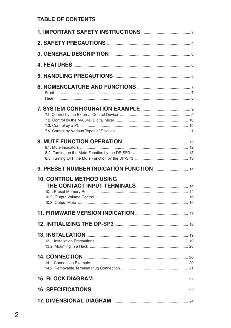 Table of contents 1. important safety instructions, Safety precautions, General description | Features, Handling precautions, Nomenclature and functions, System configuration example, Mute function operation, Preset number indication function, Control method using the contact input terminals | Toa DP-SP3 User Manual | Page 2 / 24