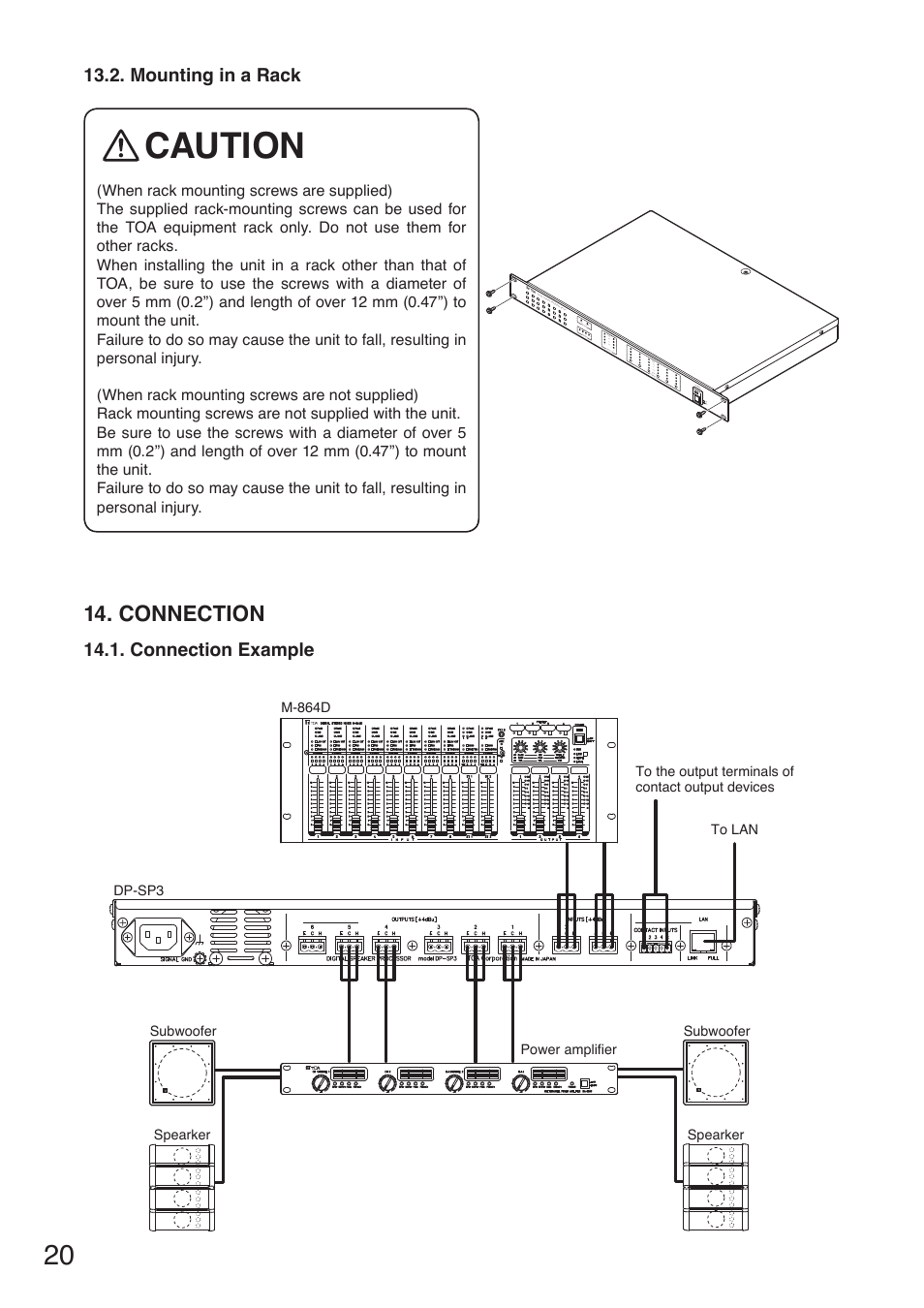 Mounting in a rack, Connection, Connection example | Caution, Connection example 13.2. mounting in a rack | Toa DP-SP3 User Manual | Page 20 / 24