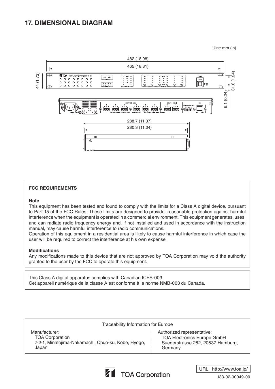 Dimensional diagram | Toa DP-SP3 User Manual | Page 24 / 24