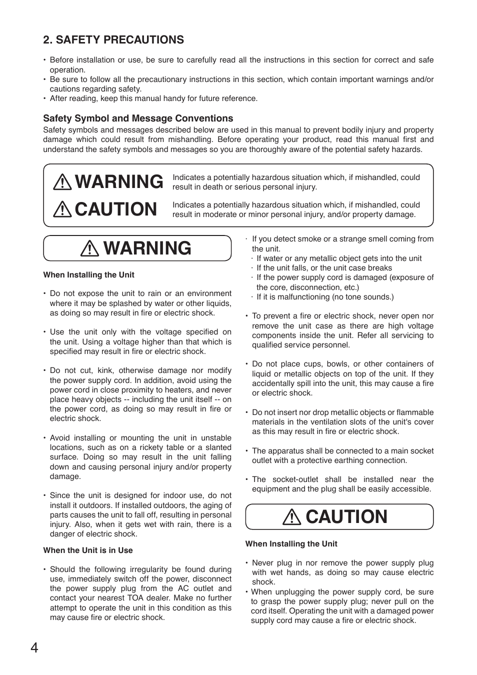 Safety precautions, Warning caution warning caution | Toa DP-SP3 User Manual | Page 4 / 24