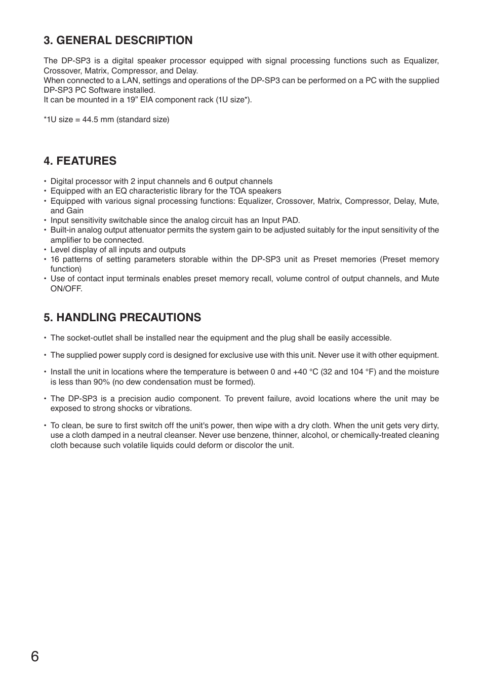 General description, Features, Handling precautions | Toa DP-SP3 User Manual | Page 6 / 24