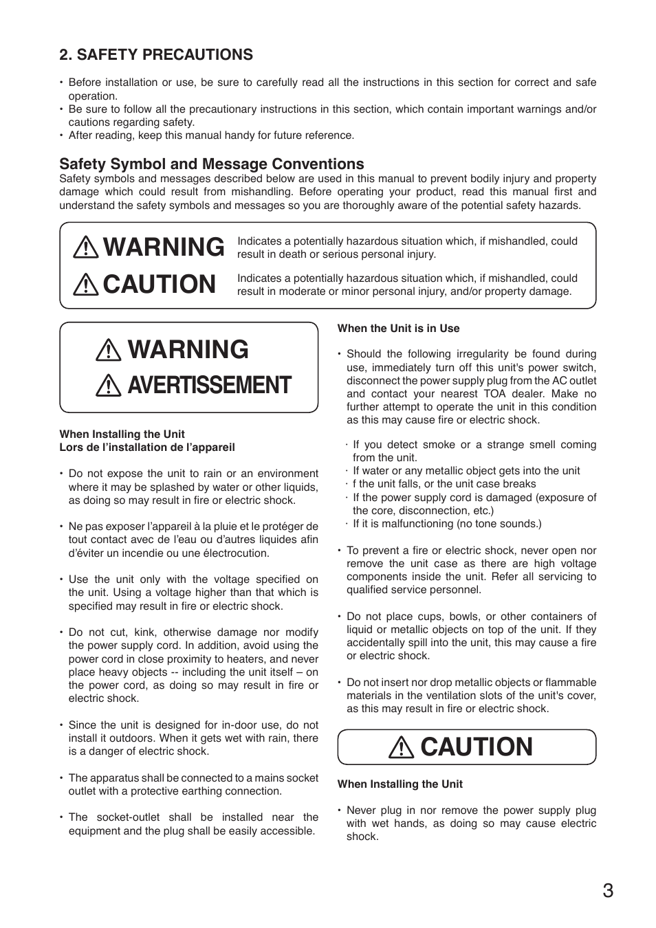 Safety precautions, Caution, Warning caution | Warning, Avertissement, Safety symbol and message conventions | Toa E-232 User Manual | Page 3 / 8