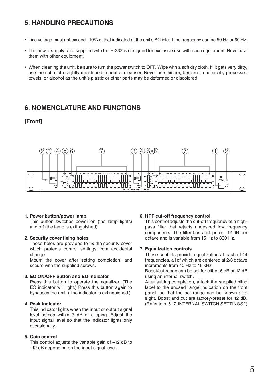 Handling precautions, Nomenclature and functions, Front | Handling precautions 6. nomenclature and functions | Toa E-232 User Manual | Page 5 / 8