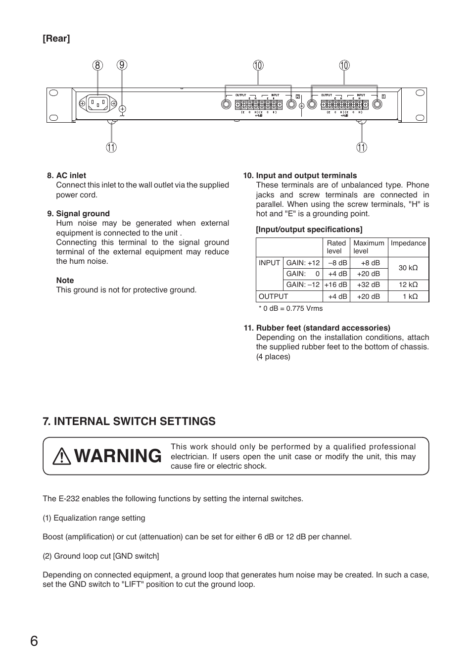 Rear, Internal switch settings, Warning | Toa E-232 User Manual | Page 6 / 8