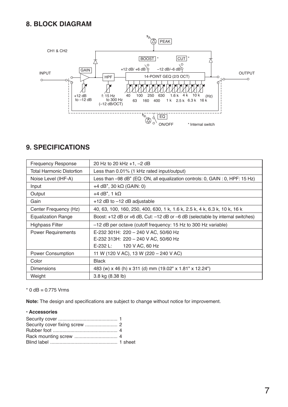 Block diagram, Specifications, Accessories | Block diagram 9. specifications | Toa E-232 User Manual | Page 7 / 8