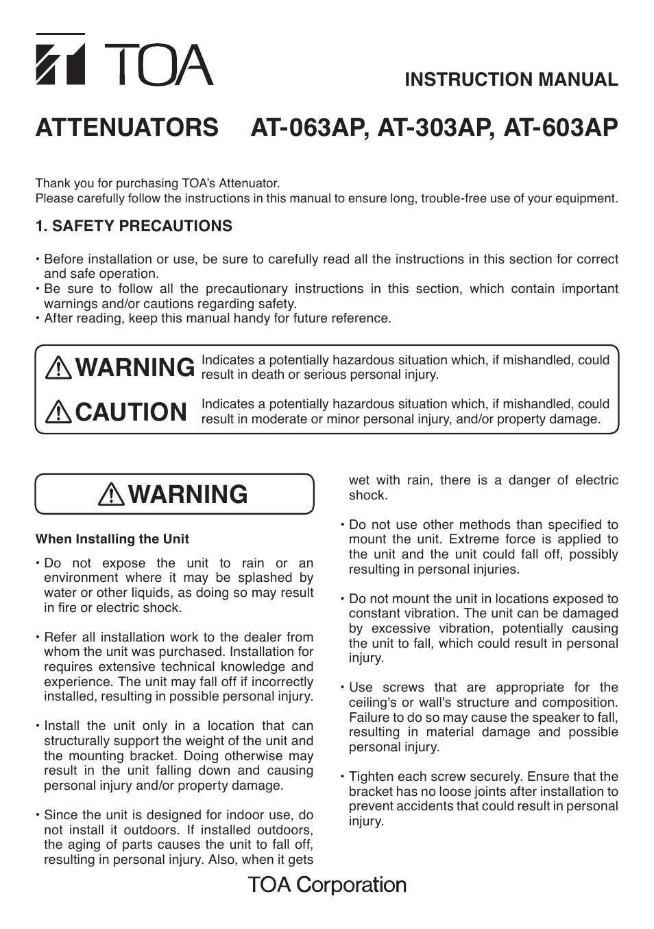 Toa AT-603AP User Manual | 4 pages