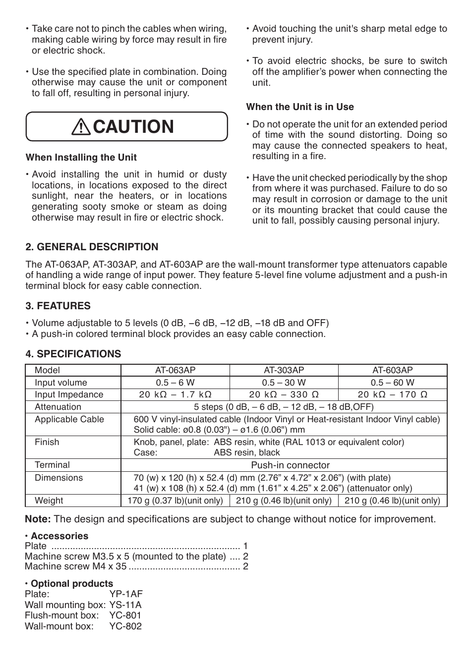 Caution | Toa AT-603AP User Manual | Page 2 / 4