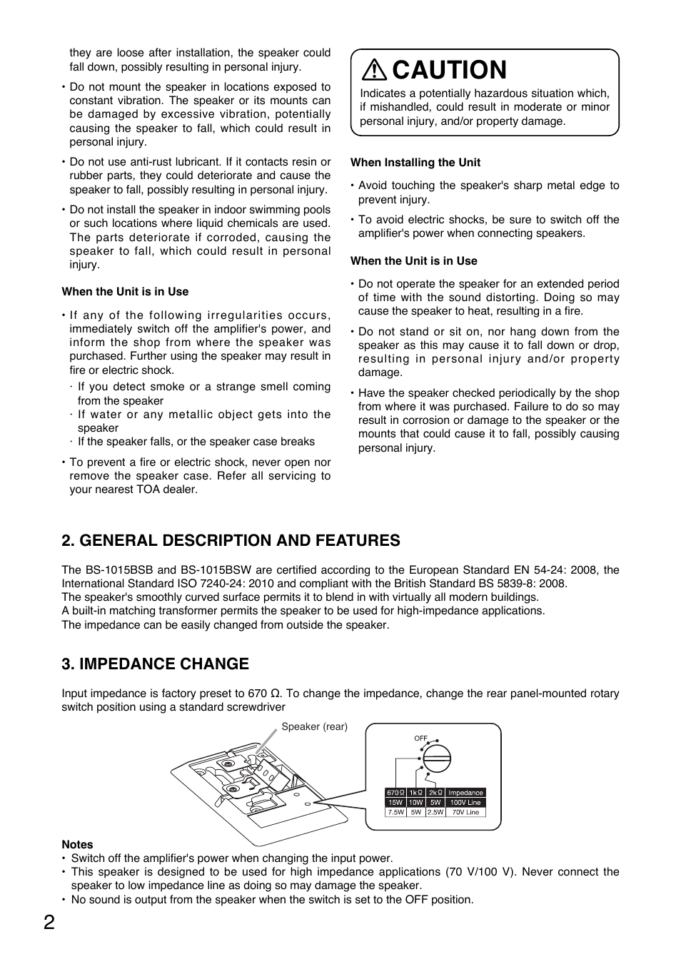 Caution, General description and features, Impedance change | Toa BS-1015BSW User Manual | Page 2 / 8